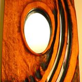 Carved wooden mirror, signed P. Guallino, "le passage", brutalist design from the 80s