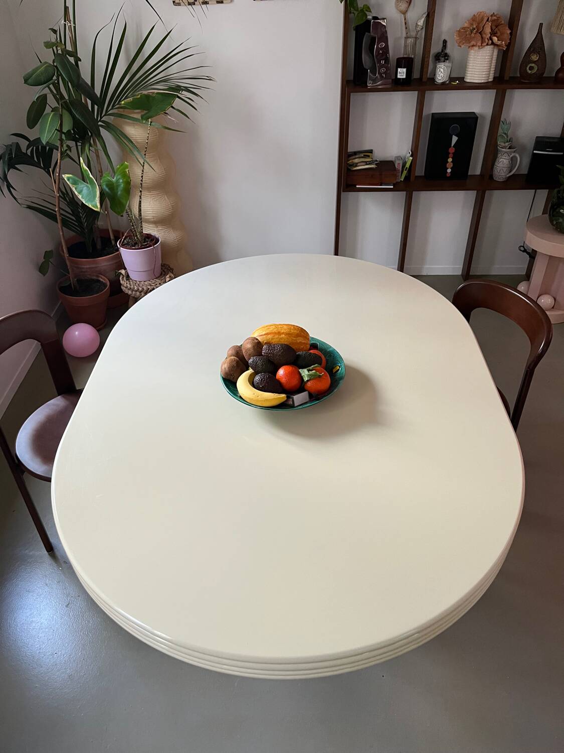 Vintage table, beige lacquered top and bamboo legs.