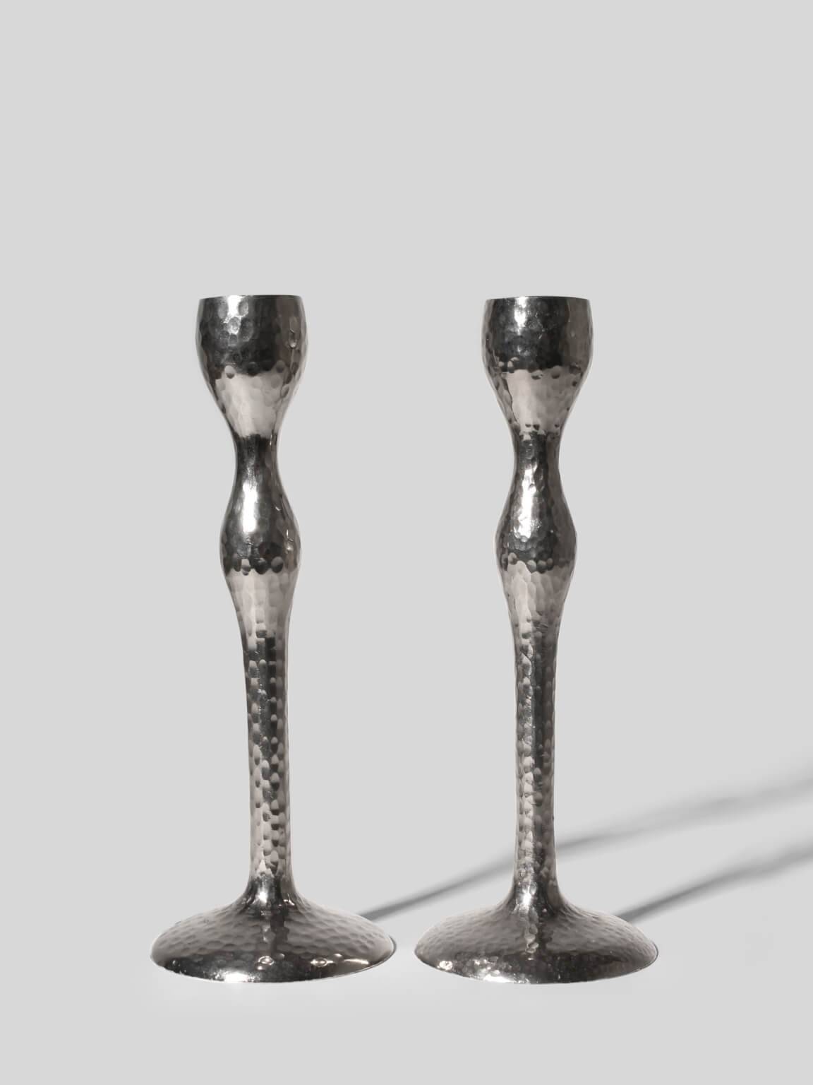 Pair Of Tall Textured Mirror Metal Candlesticks