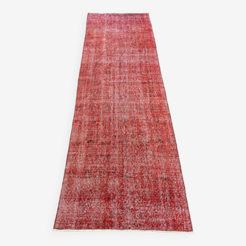 Turkish Oushak Rug 3x11 Red Runner Rug, Overdyed Runner Rug For Hallway, Red Vintage Rug