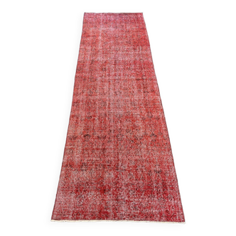 Turkish Oushak Rug 3x11 Red Runner Rug, Overdyed Runner Rug For Hallway, Red Vintage Rug