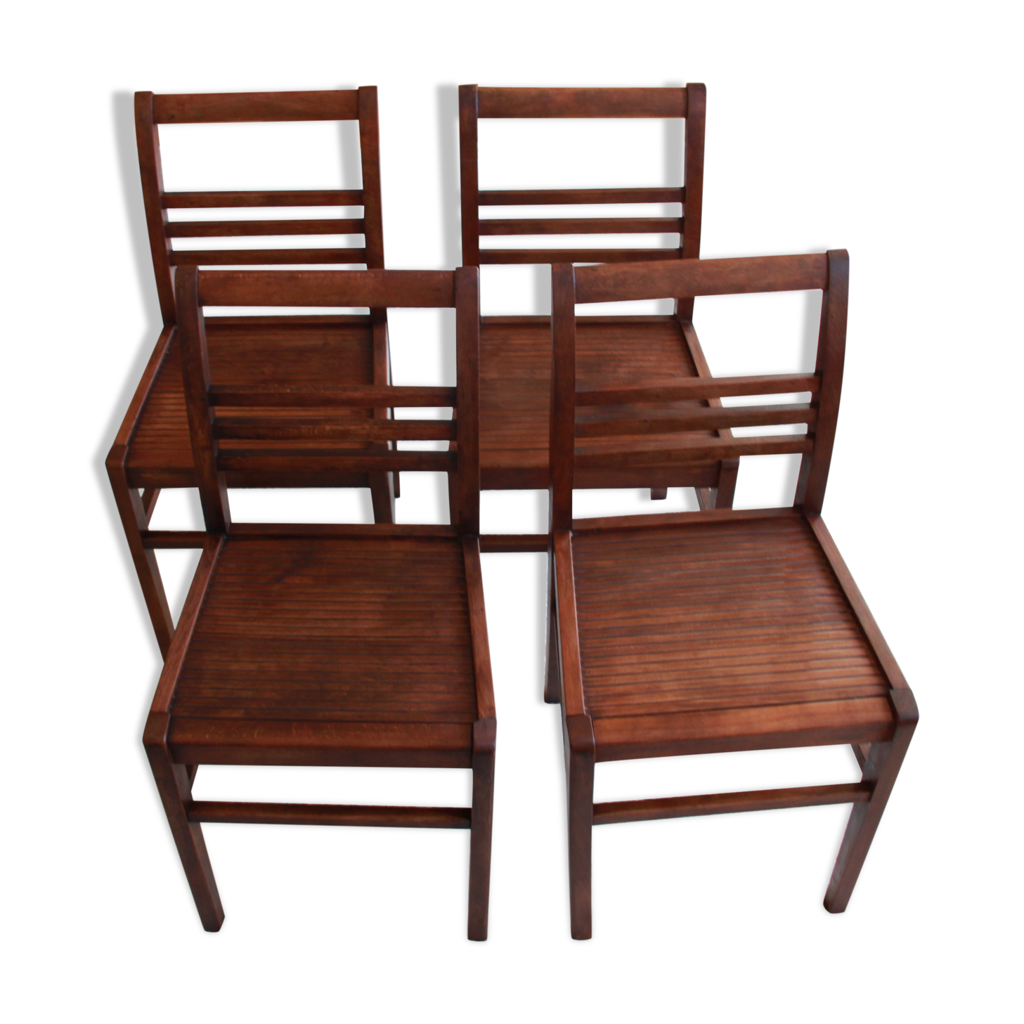 Set of 4 antique chairs waxed wood vintage bistro