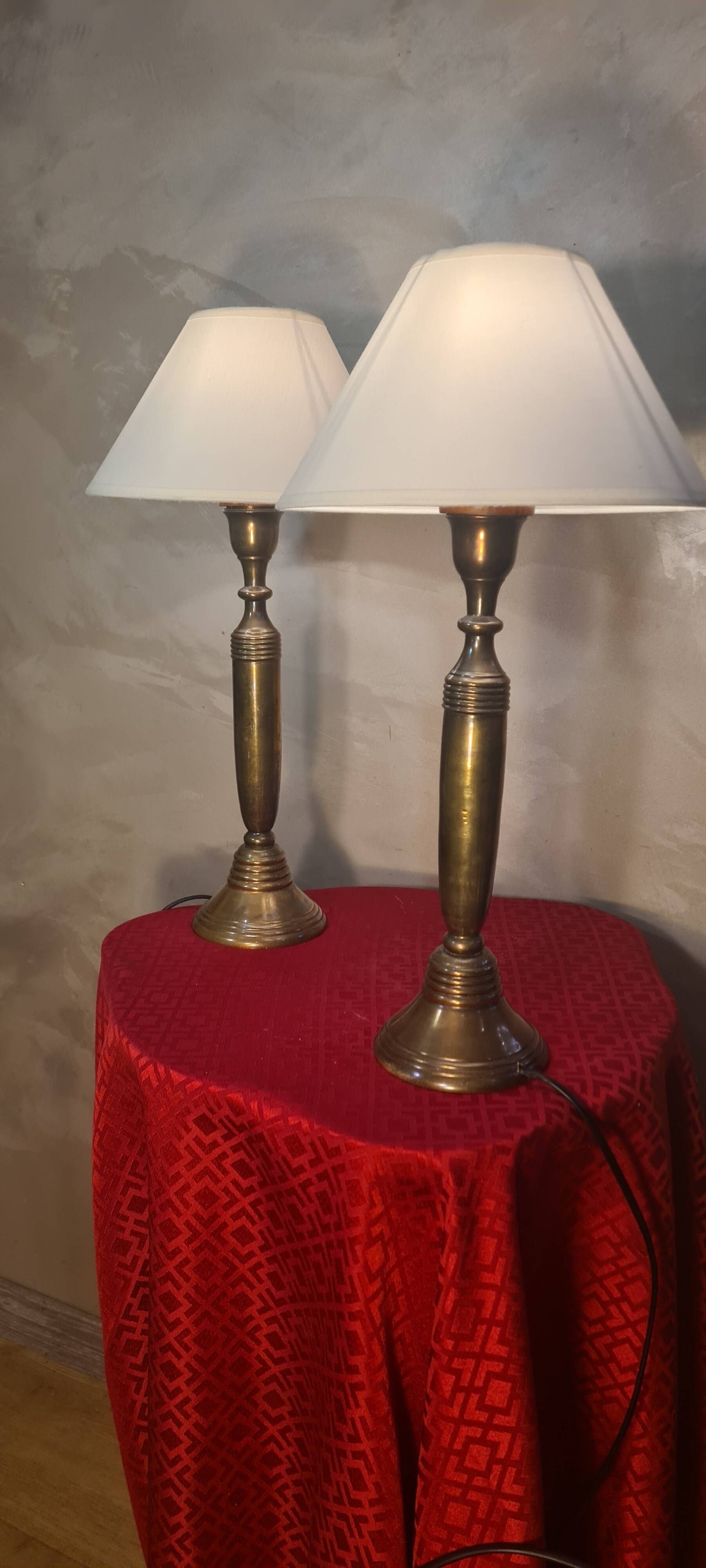 Pair of large solid brass lamps 1940, off-white lampshade 50x25