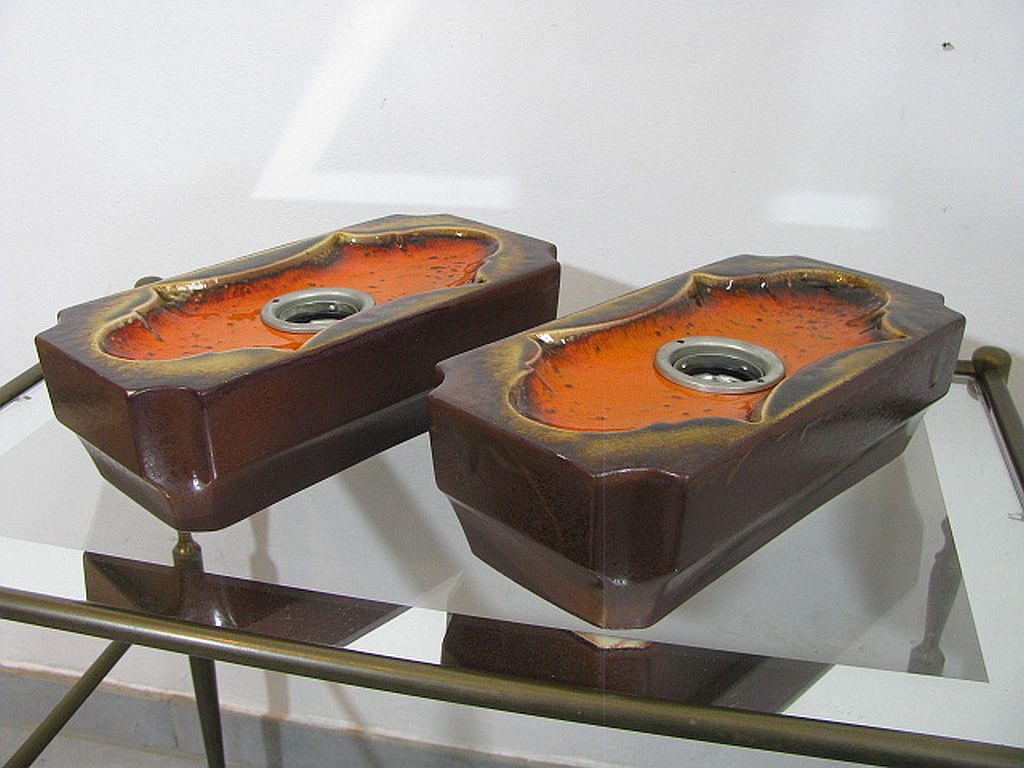 Set of 2 German Orange Lava Ceramic Wall Lamps from the 1960s / 70s Pan Keramik