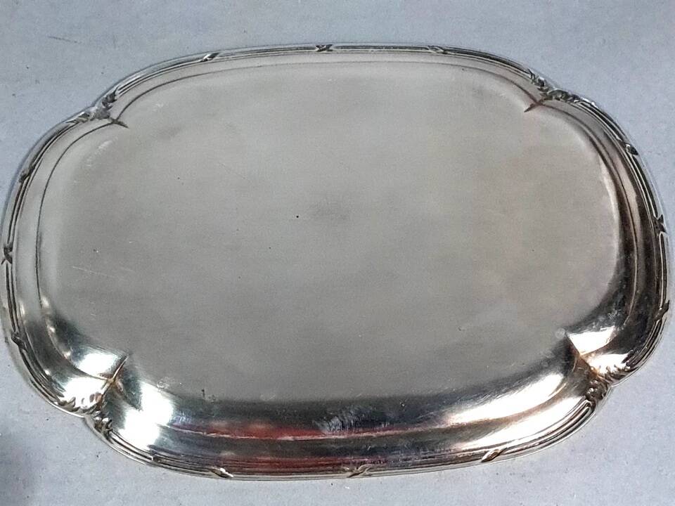 Antique silver-plated/gold liquor service with 12 goblets, tray + case.