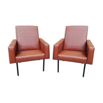 Pair of brown leather faux armchair
