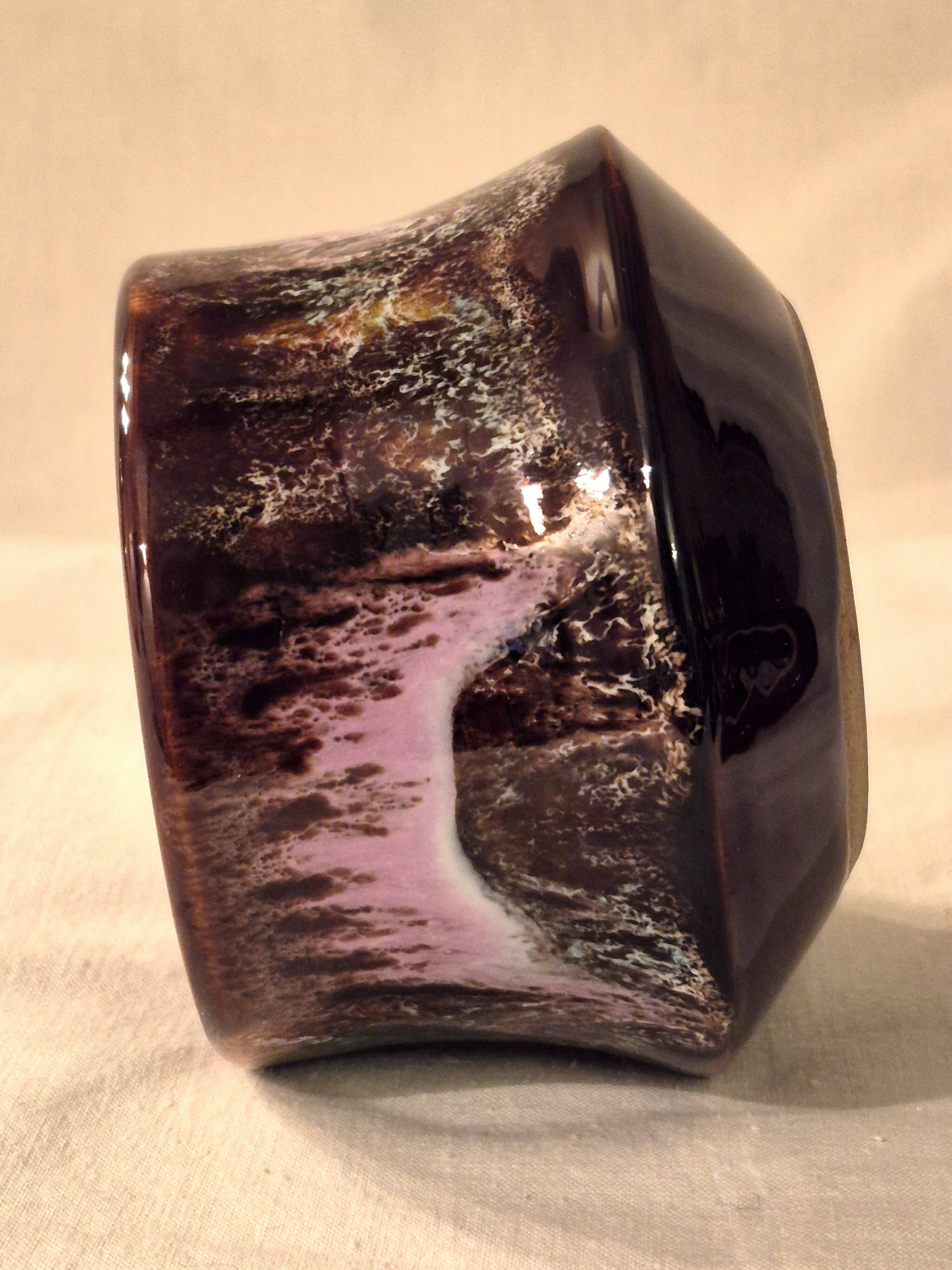 Covered sugar bowl Vallauris glazed ceramic brown old pink A152-3