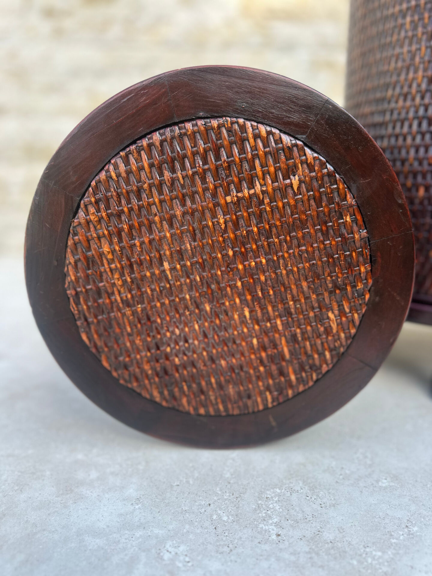 Pair of cylindrical bedside tables or drum bedside tables in exotic wood.