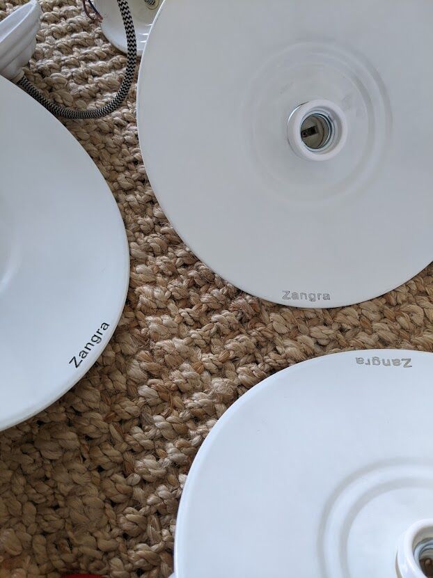 Three vintage pendant lamps, porcelain and aluminum