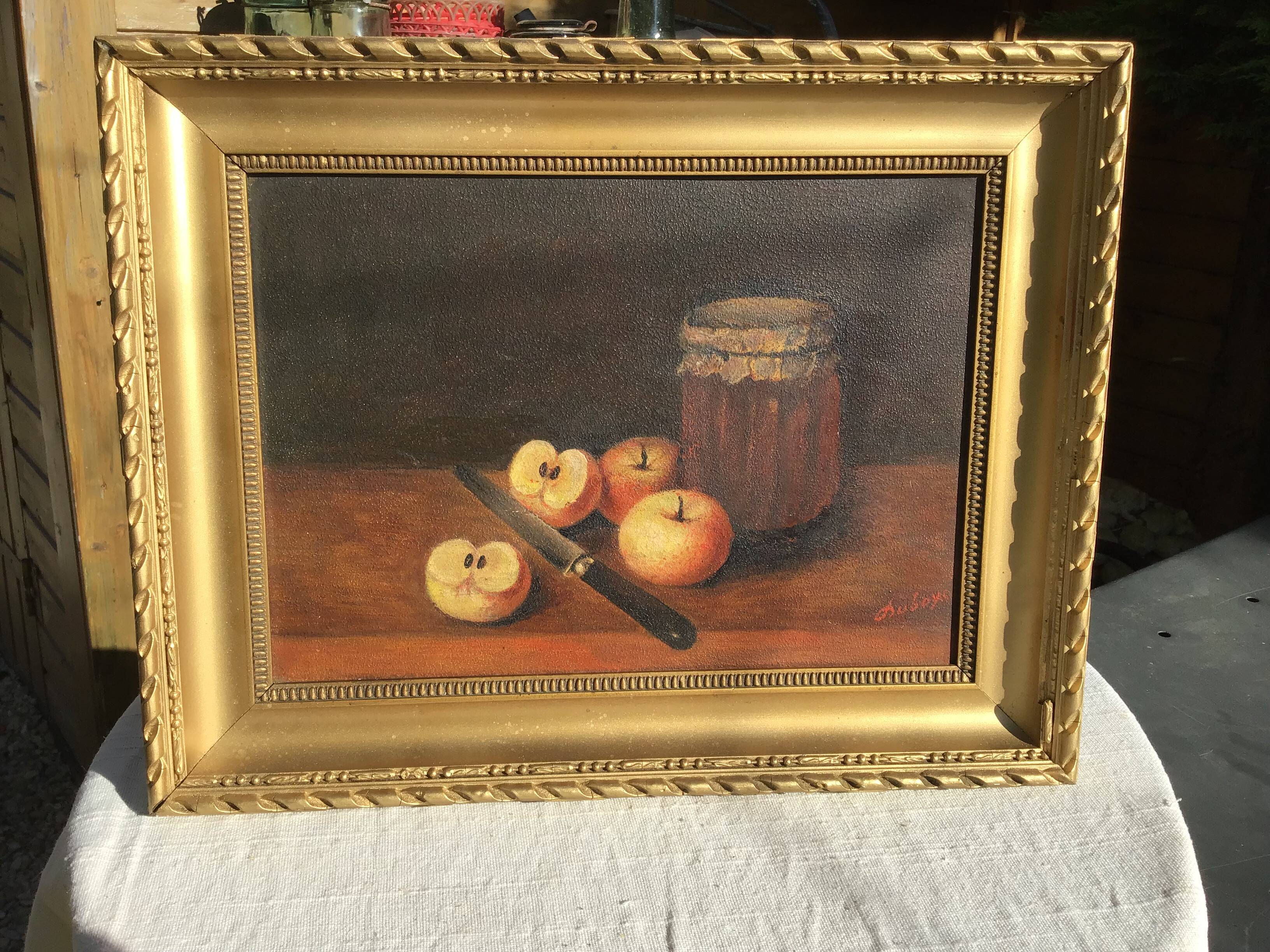 Painting on panel apples and the jar of jam