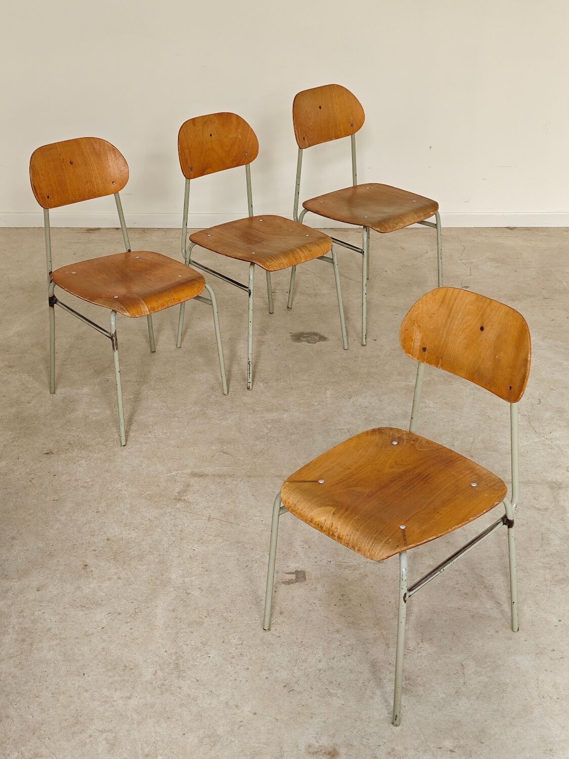 Set of 4 metal and wood school chairs, former Czechoslovakia, 1960.