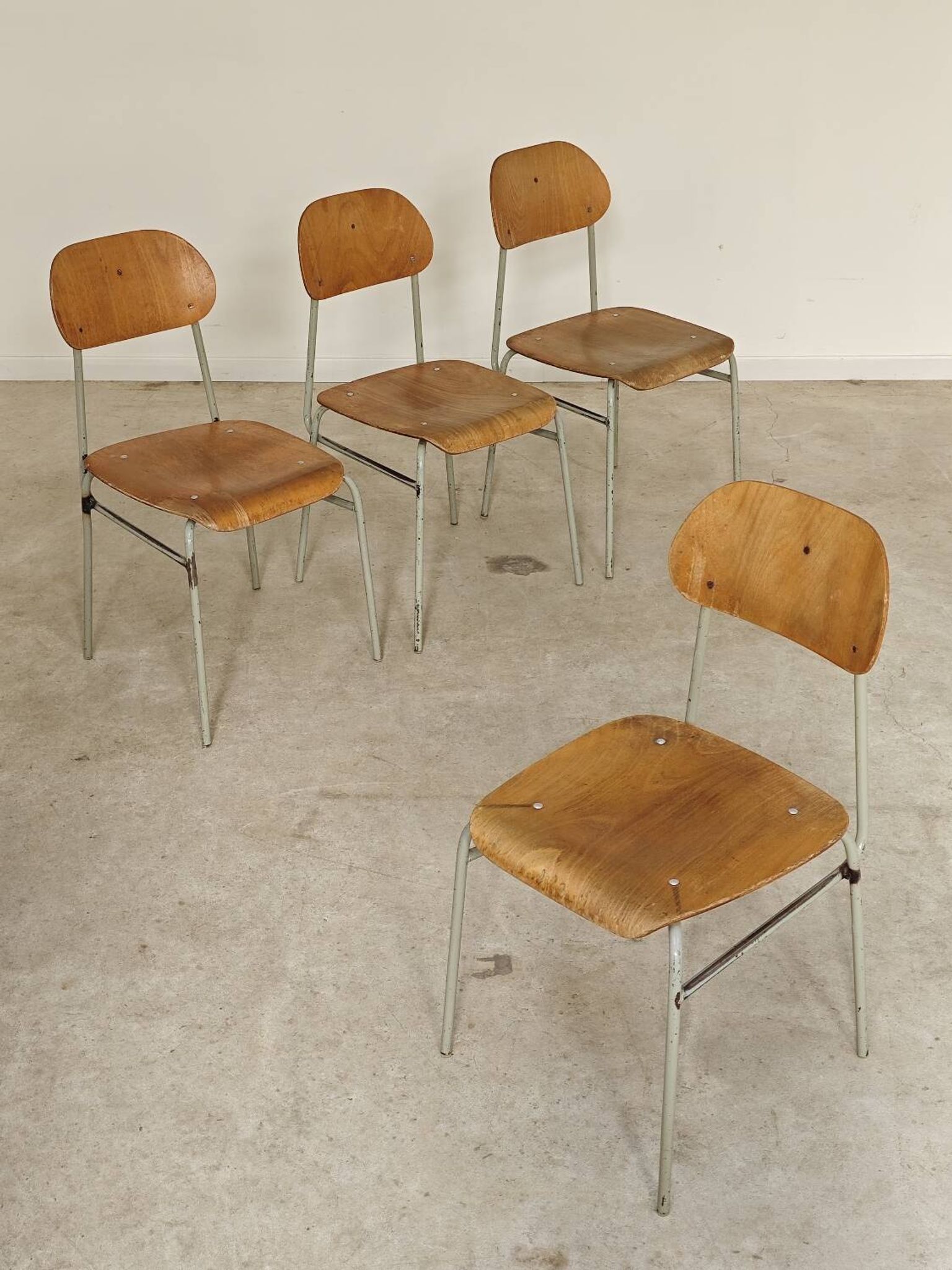 Set of 4 metal and wood school chairs, former Czechoslovakia, 1960.