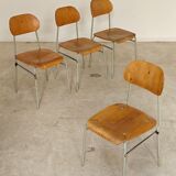 Set of 4 metal and wood school chairs, former Czechoslovakia, 1960.