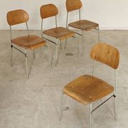 Set of 4 metal and wood school chairs, former Czechoslovakia, 1960.