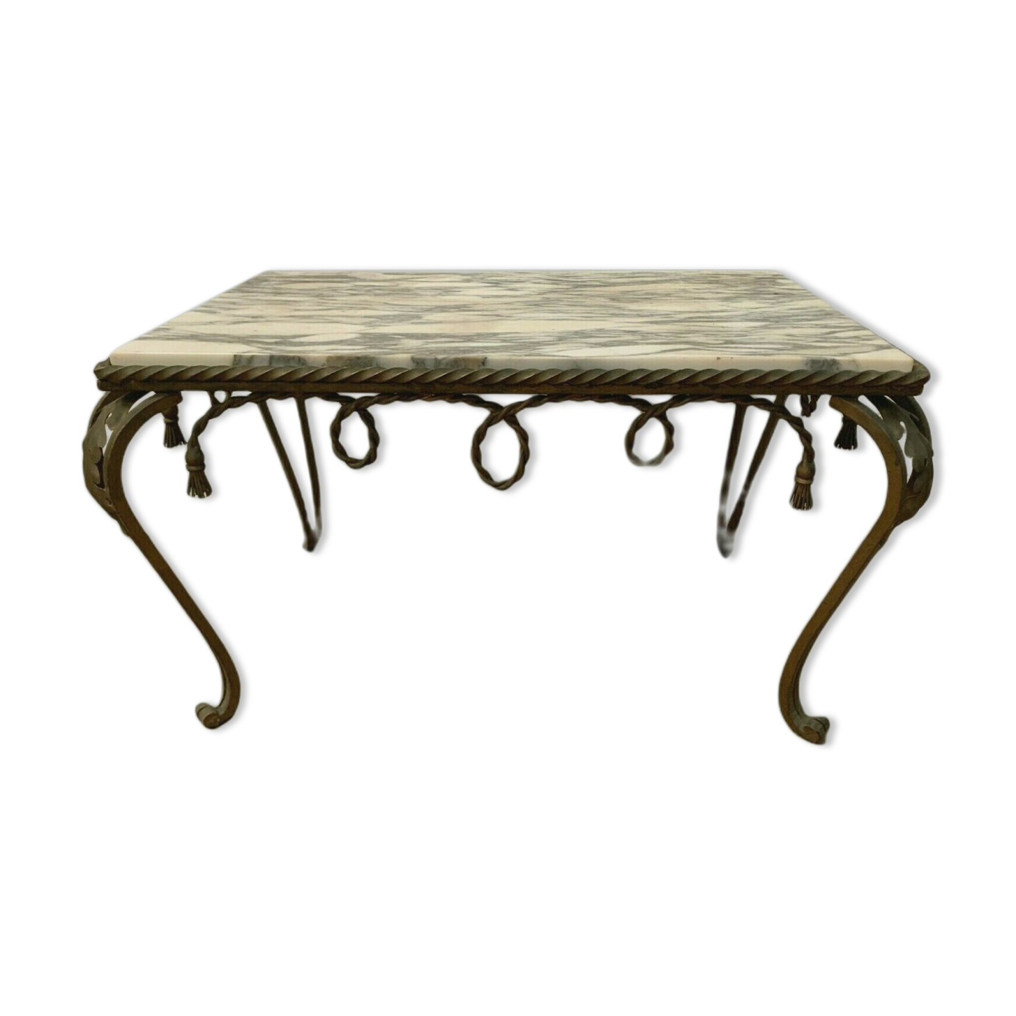 Table basse en fer forgé martelé plateau en marbre brèche xx siècle