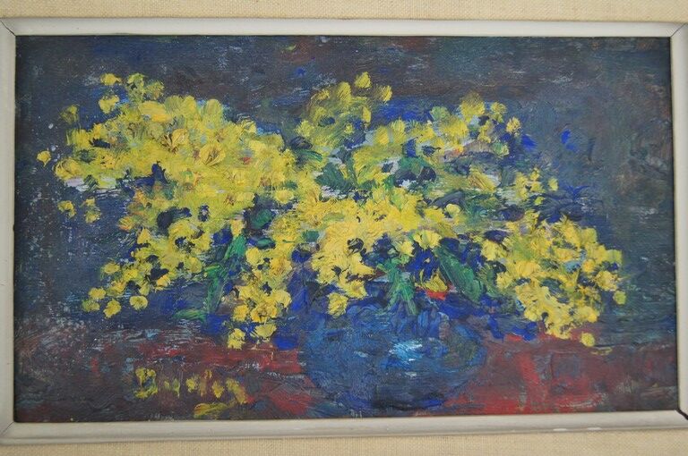 Julien Duriez 1900-1993 Mimosas bouquet Oil on signed and dated panel, vintage frame