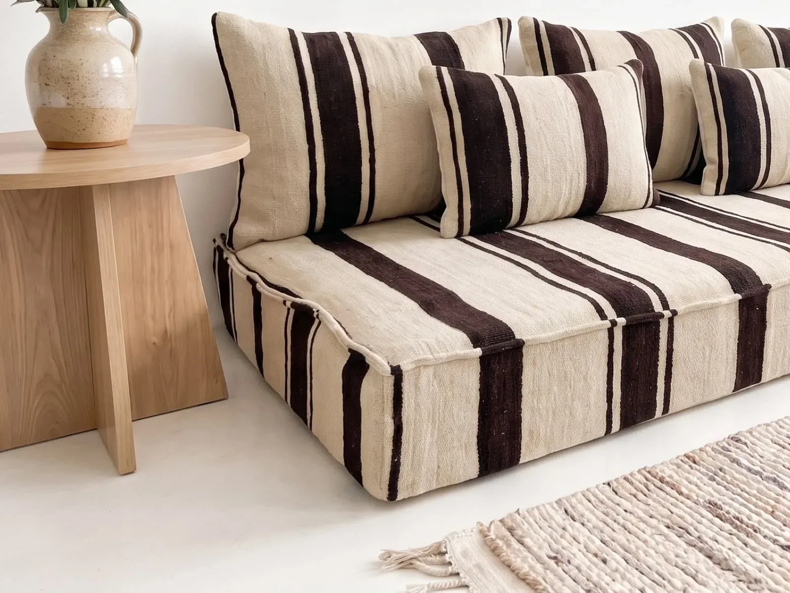 Brown striped kilim floor cushion – handwoven wool, cream base
