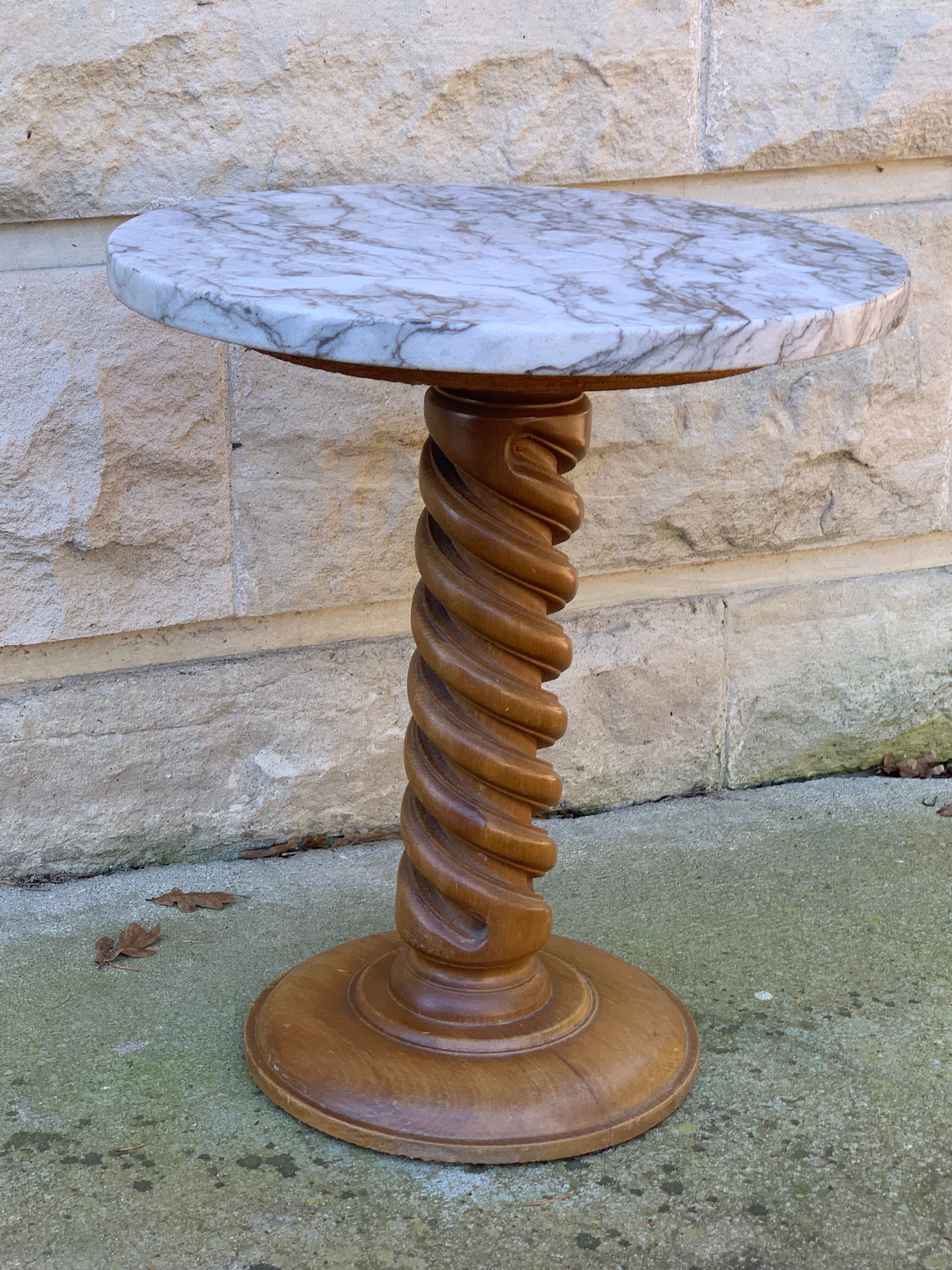 Vintage pedestal table turned wood and marble 1950