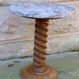Vintage pedestal table turned wood and marble 1950