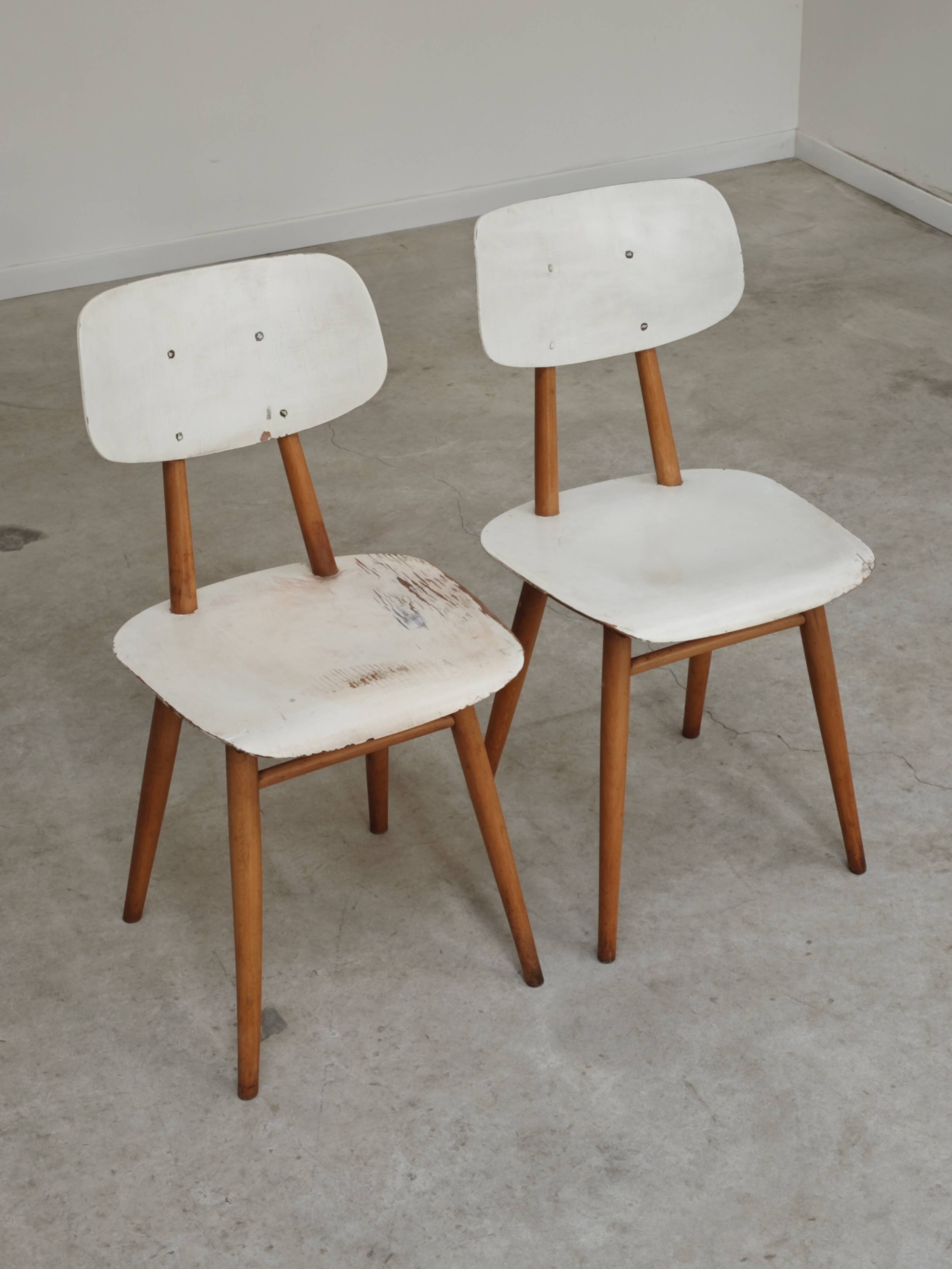 Pair of TON bystrice chairs, Thonet, white, Eastern Europe 1960.