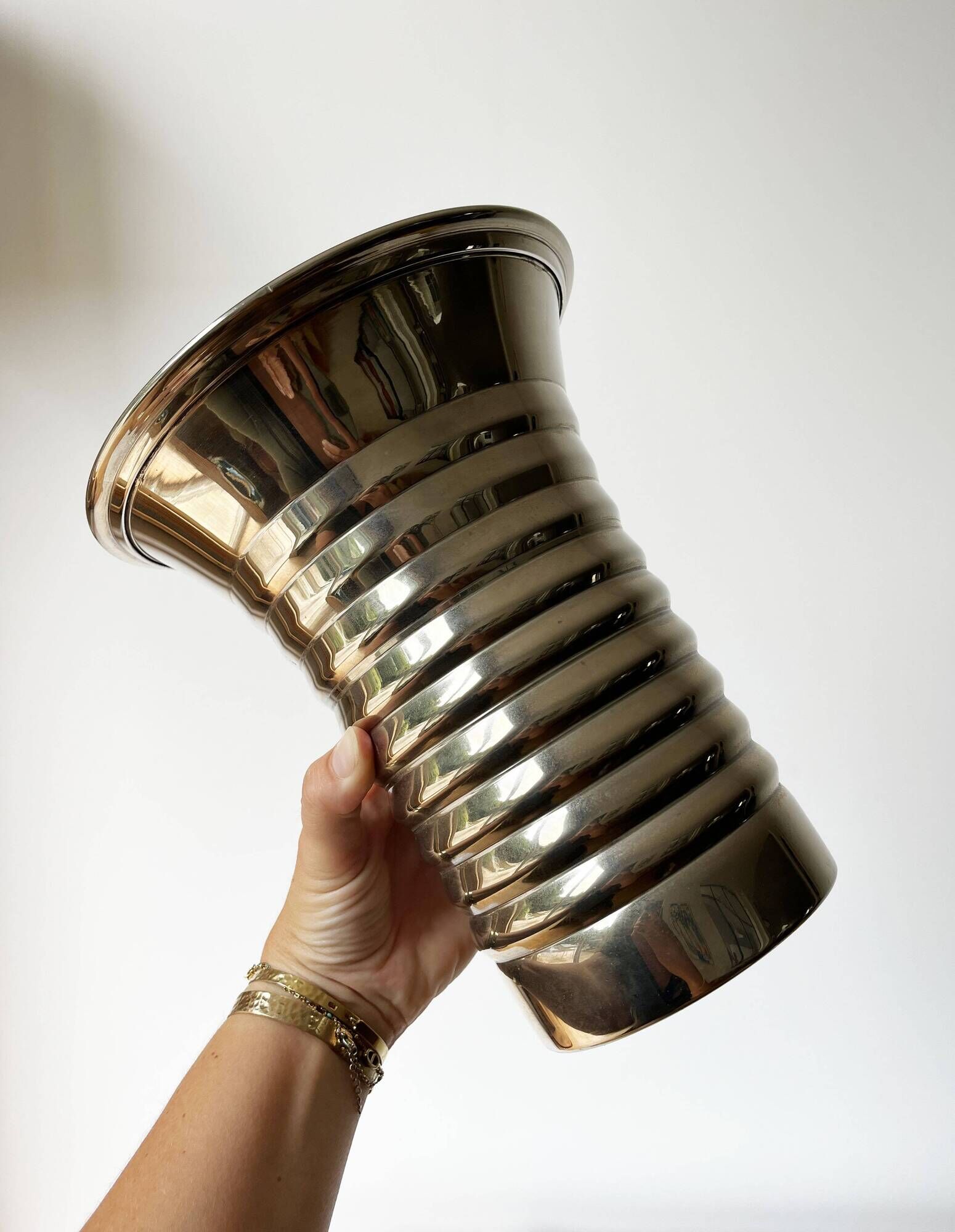 Vintage modernist striped polished aluminium vase