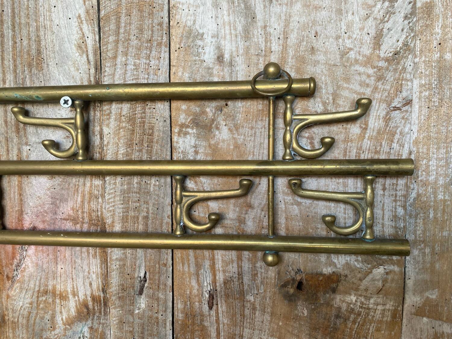 Vintage Wall Coat Rack Brass 7 Foldable Hooks #D748