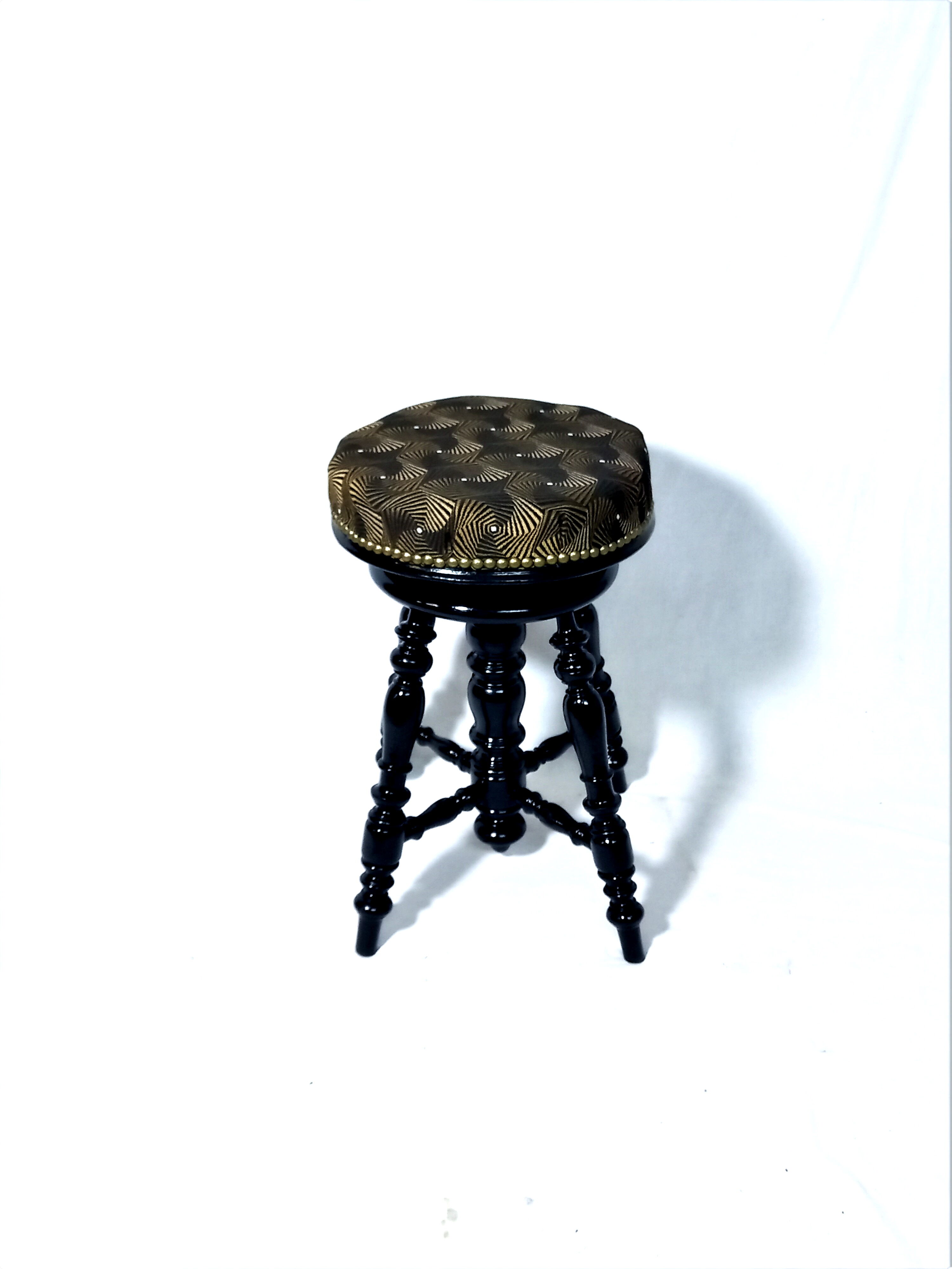 Old adjustable piano stool Napoleon III style with black & gold fabric