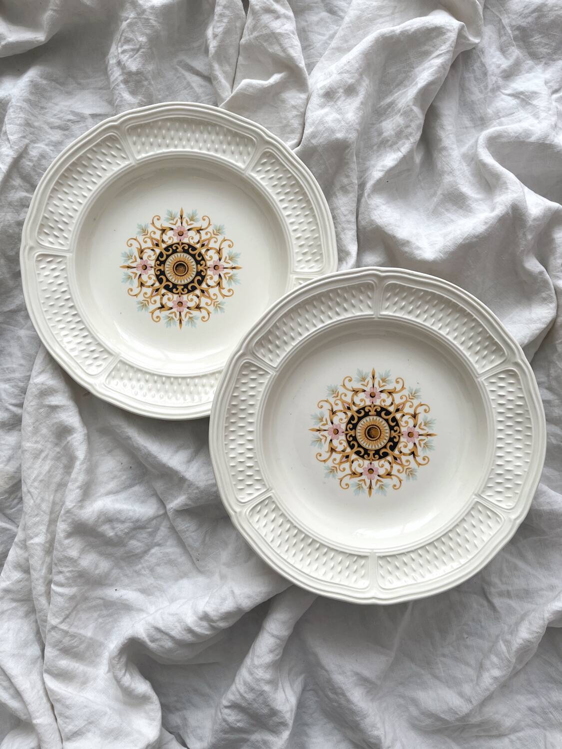 2 ivory “Pont aux Choux” soup plates, Gien earthenware