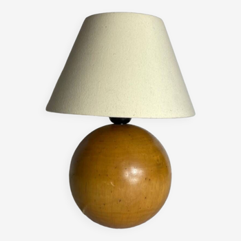 Spherical Table Lamp in Natural Wood with Lampshade - Vintage 1970