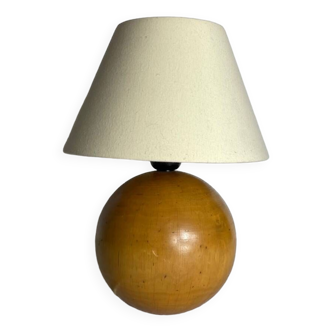 Lampe de Table Sphérique en Bois Naturel avec Abat-jour - Vintage 1970