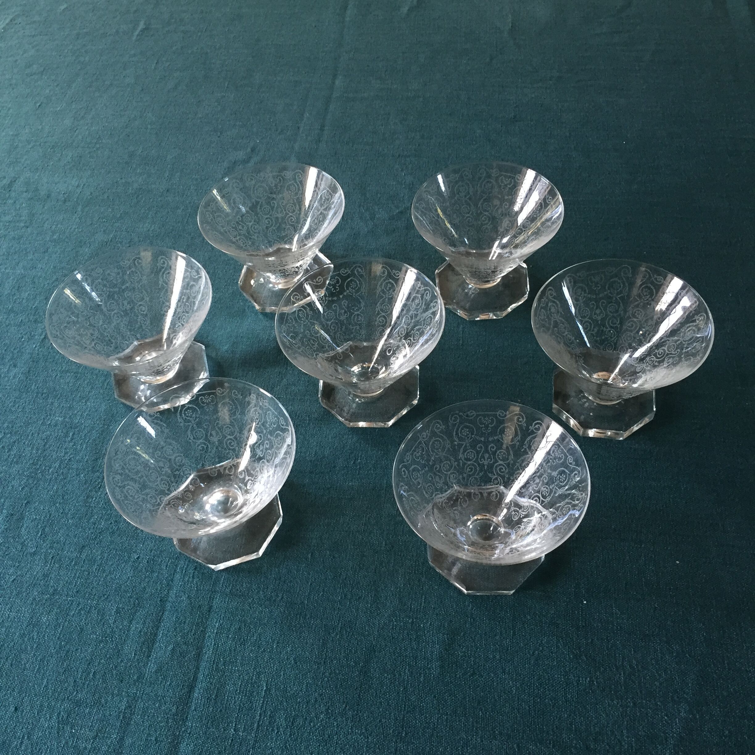 Series of 7 engraved Art Deco dessert cups