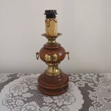 French Mid Century Round Turned Wood Lamp Base With Gold 1852 Tag & Handles
