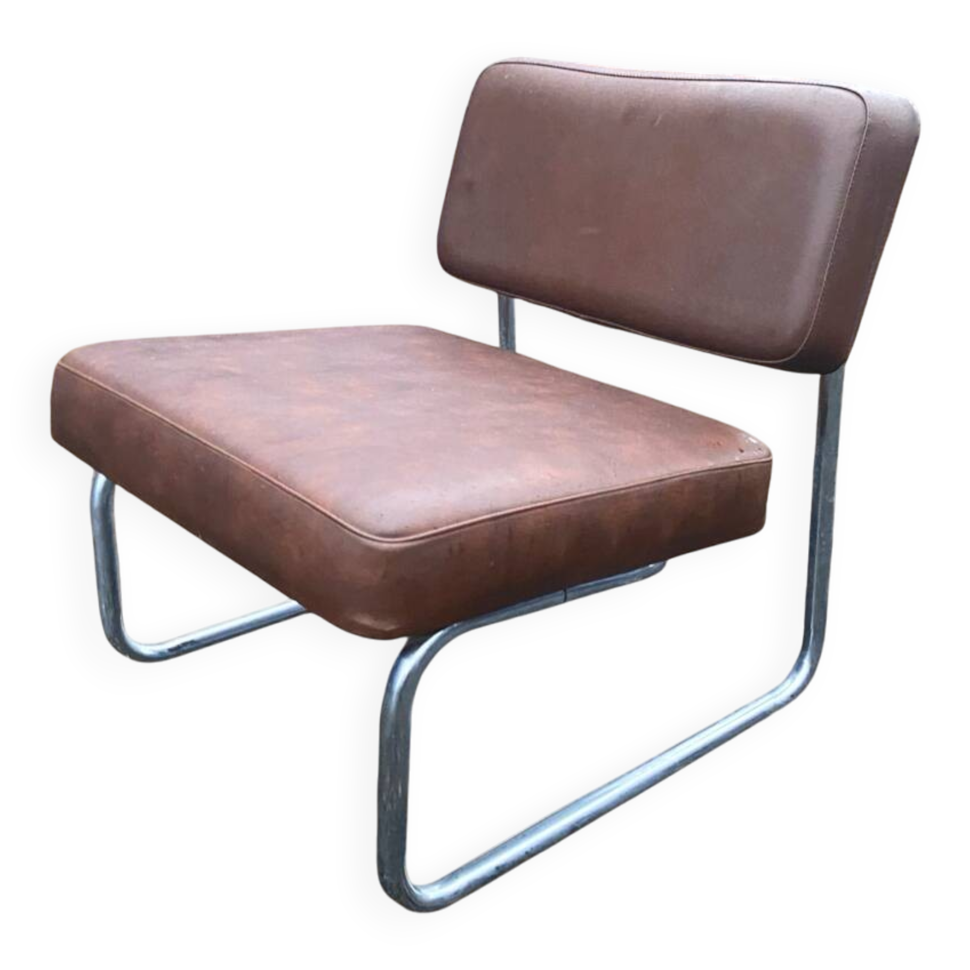 Vintage low cantilever armchair – Brown faux leather & tubular frame