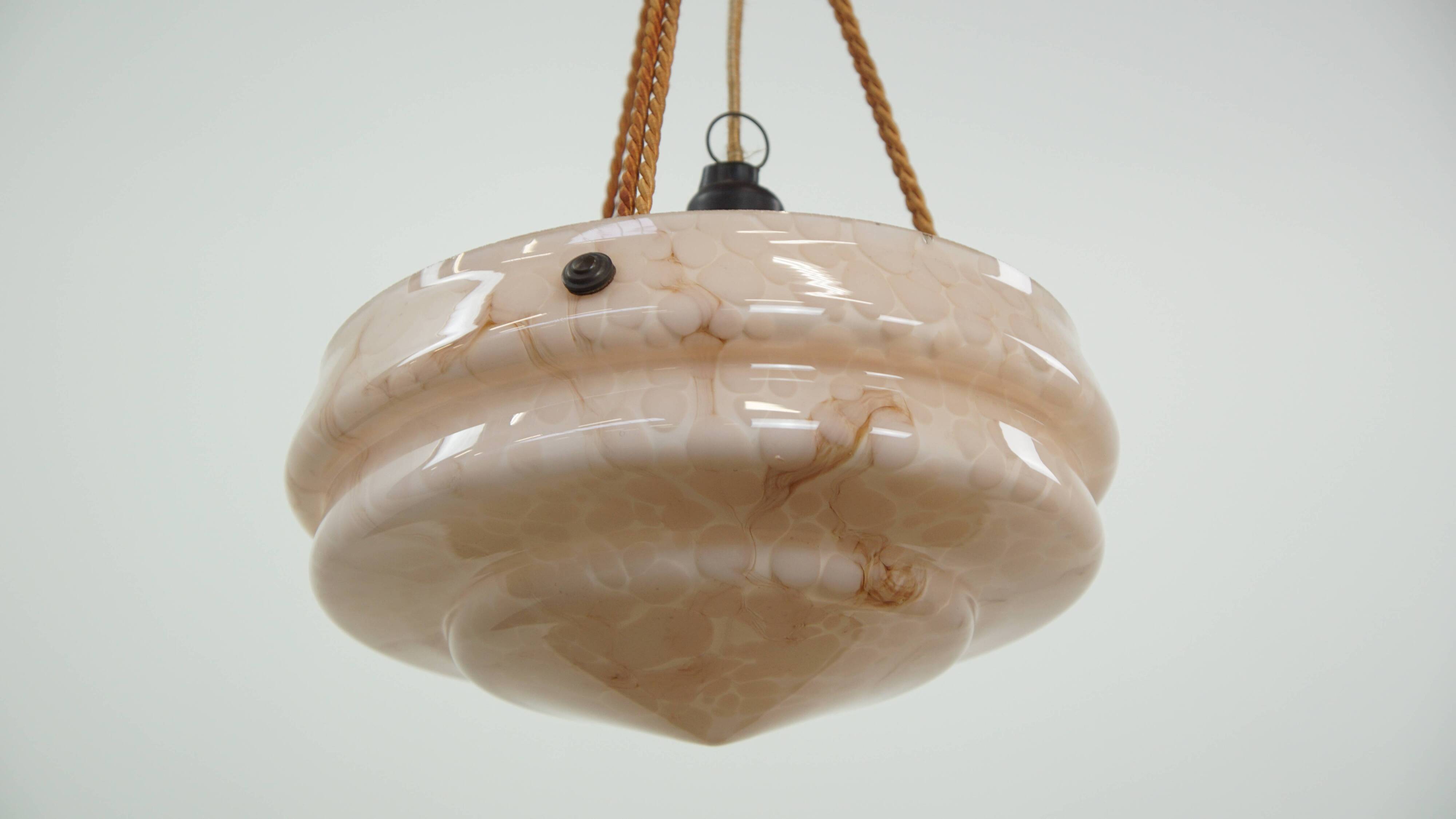 Vintage soft pink marbled glass Art Deco design pendant lamp