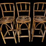 Set de 3 tabourets de bar en Rotin années 60