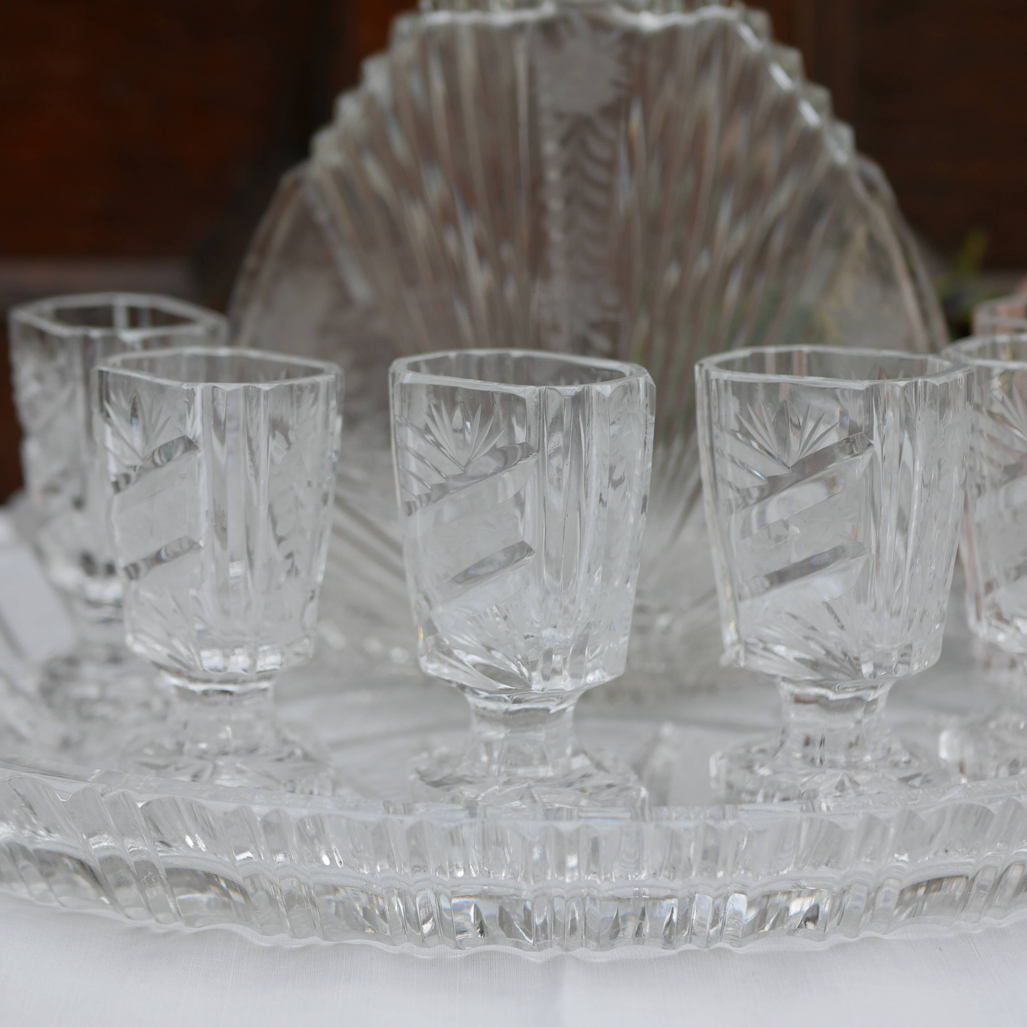 Bavarian liqueur decanter, six glasses and tray