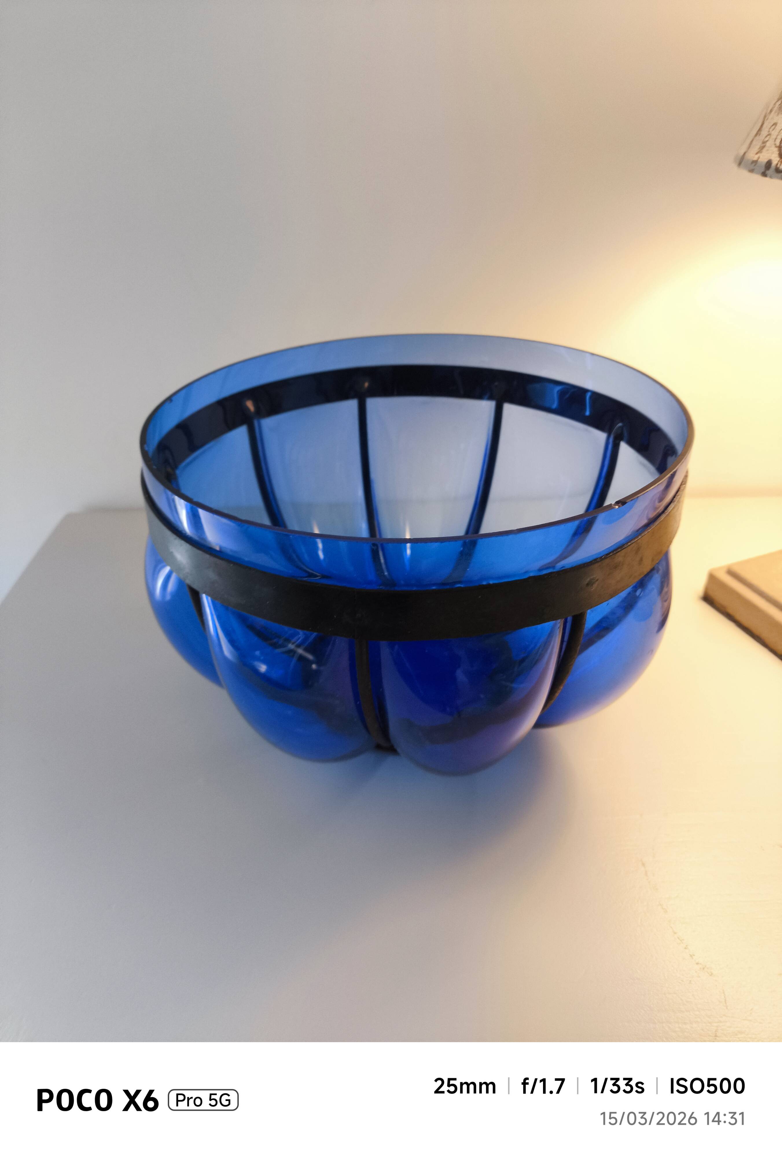 Superb vintage blown glass bowl in cobalt blue with its iron frame.