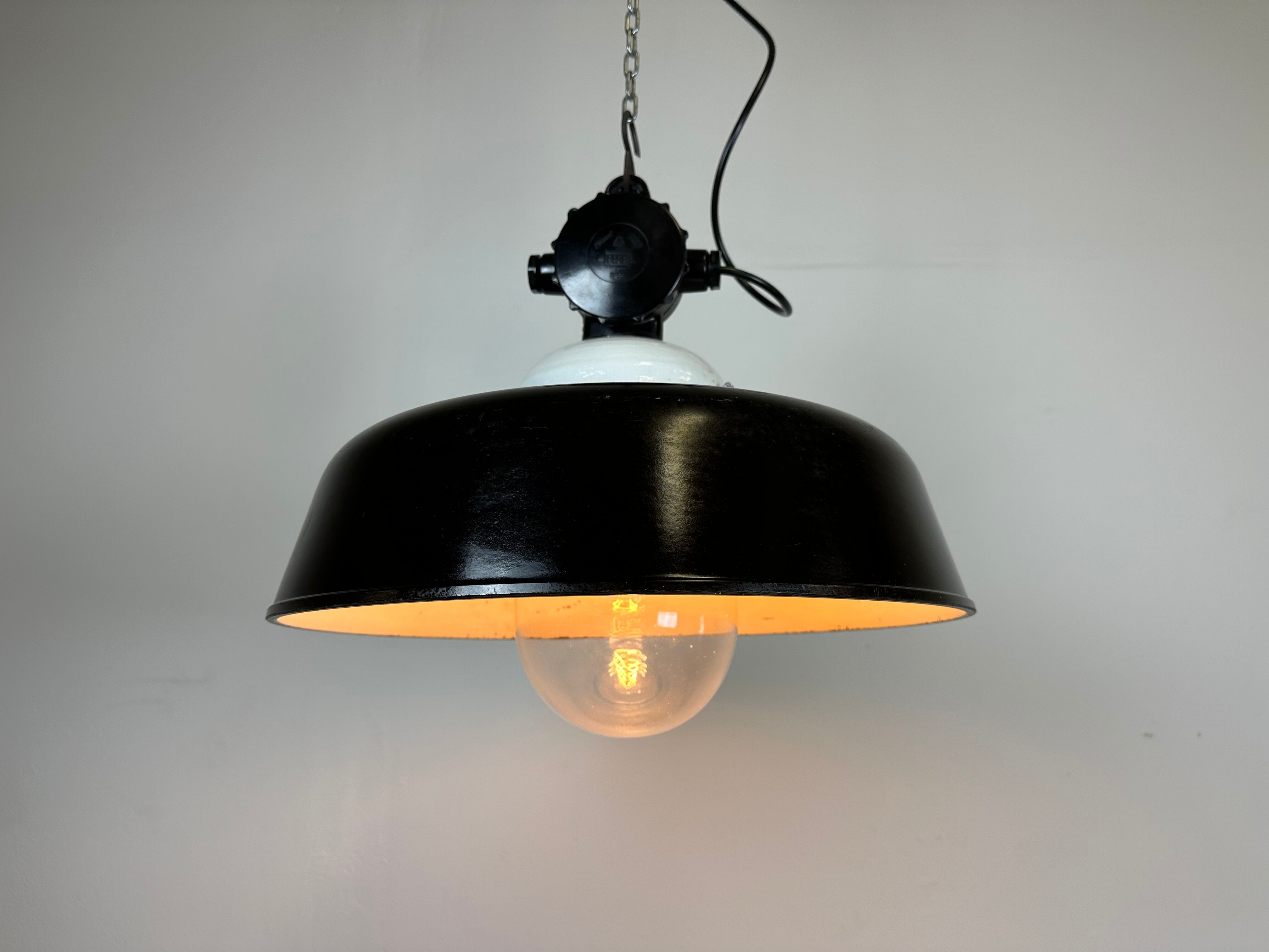 Industrial black enamel lamp with glass cover, 1950s