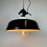 Industrial black enamel lamp with glass cover, 1950s