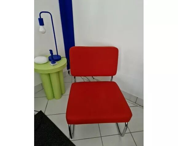 Fauteuil chauffeuse design vintage rouge orangé pied métal 70
