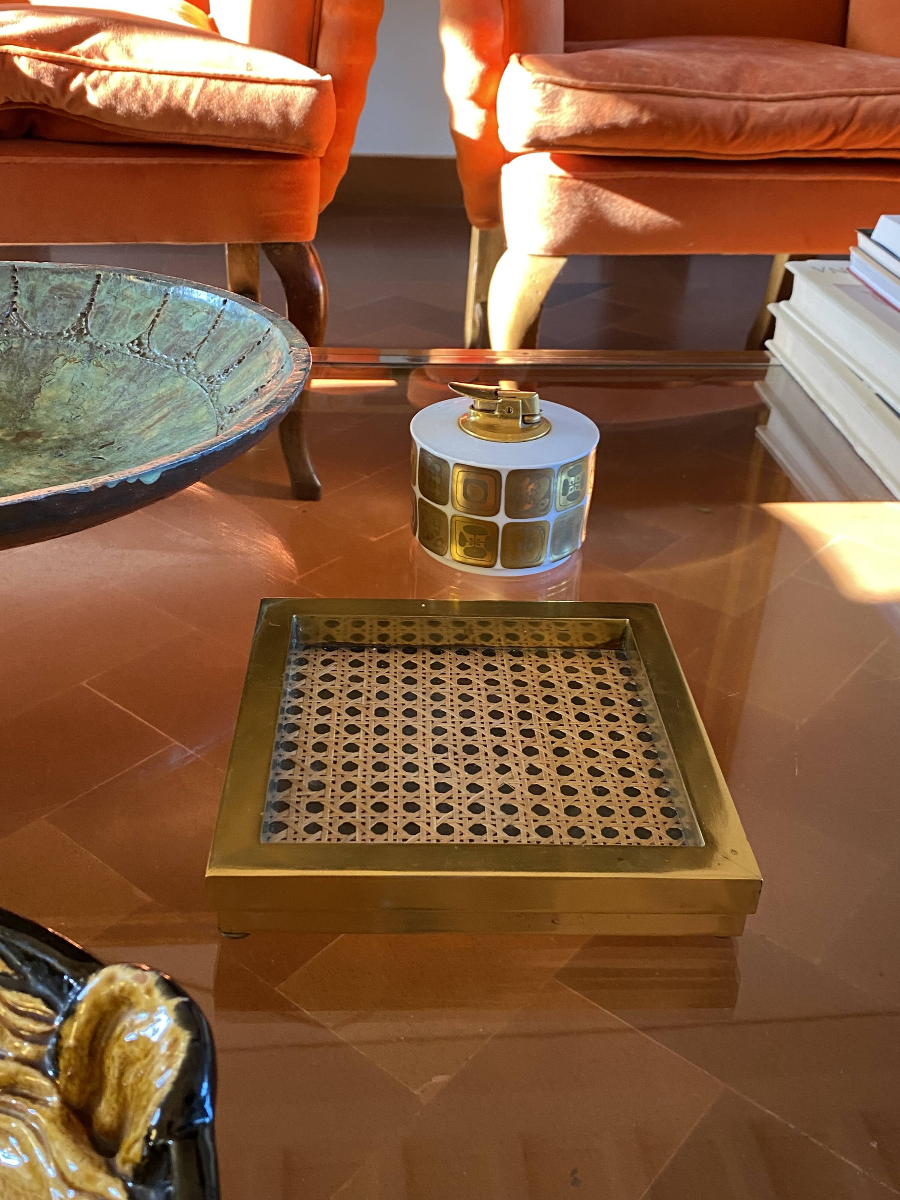 Hollywood regency vide poche, brass and Vienna straw, Italy 1970