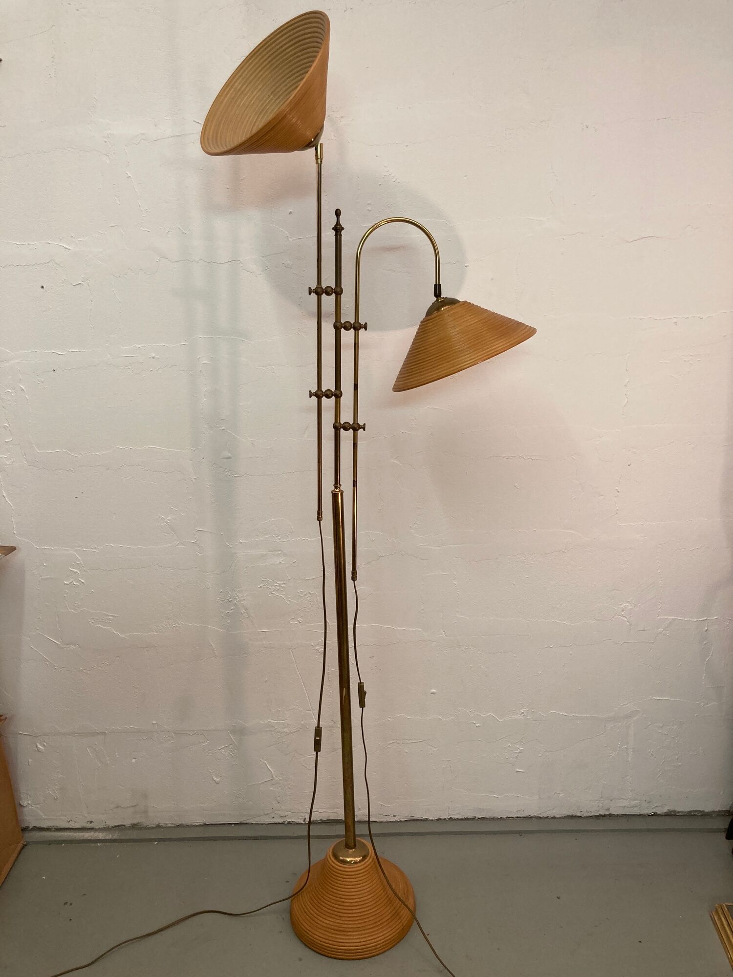Bamboo rattan and brass pencil or split reed floor lamp, Italy 1980s