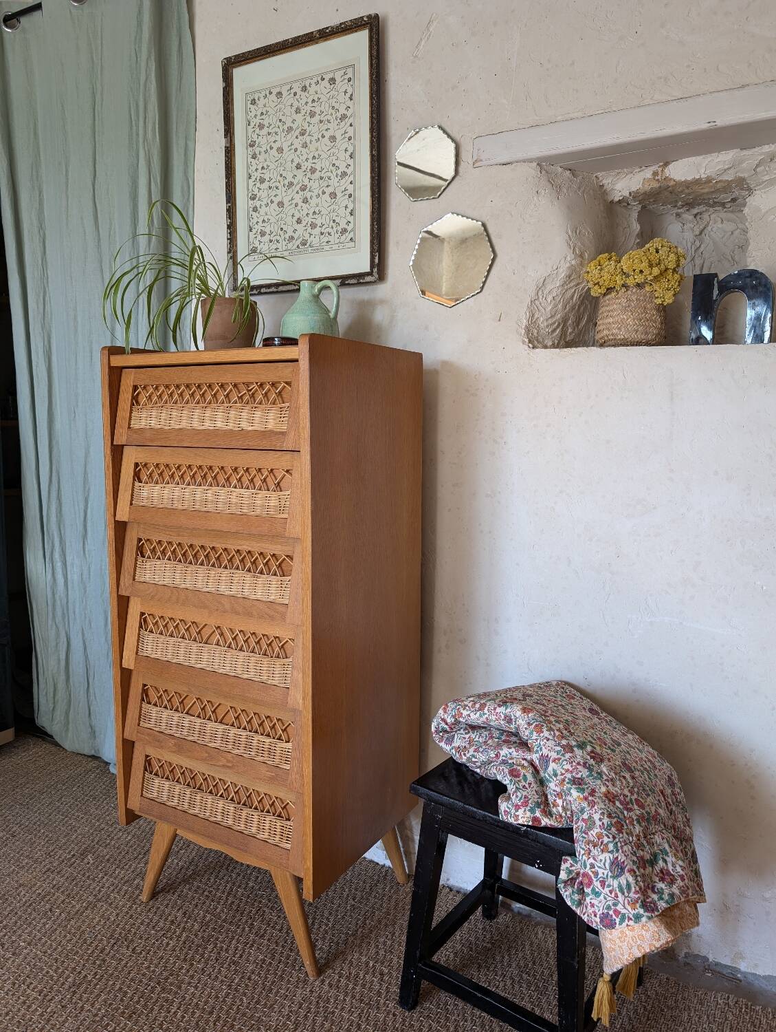 Vintage oak and rattan chiffonier
