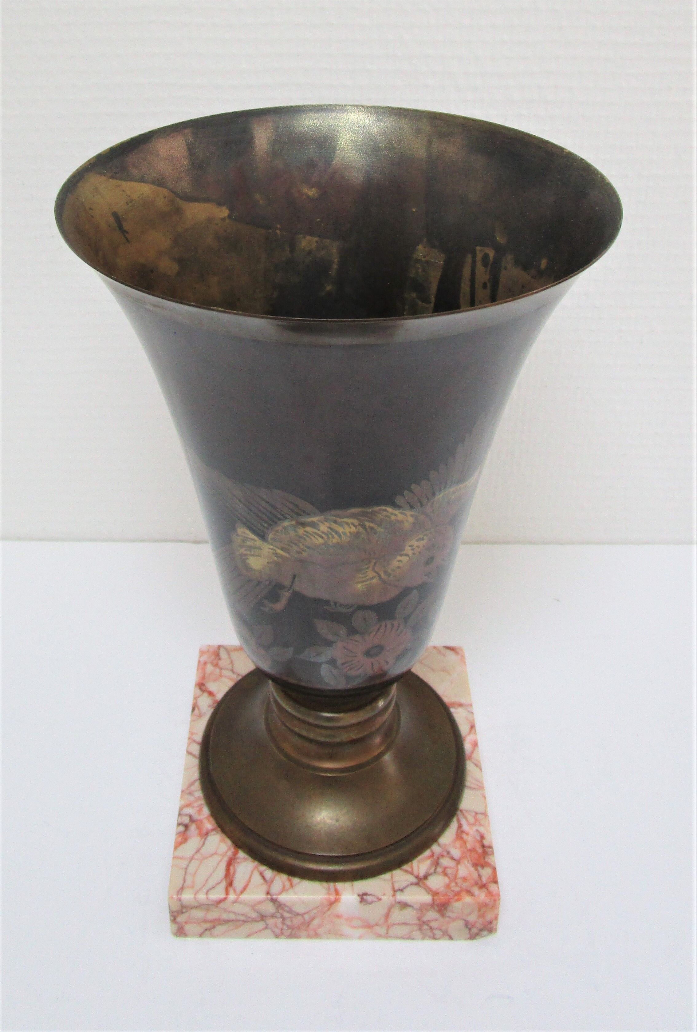 Lampe vasque art déco métal et marbre signée a.ducobu décor fleurs oiseau