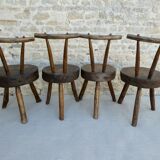 Suite of 4 tripod chairs, trunk seats, solid wood