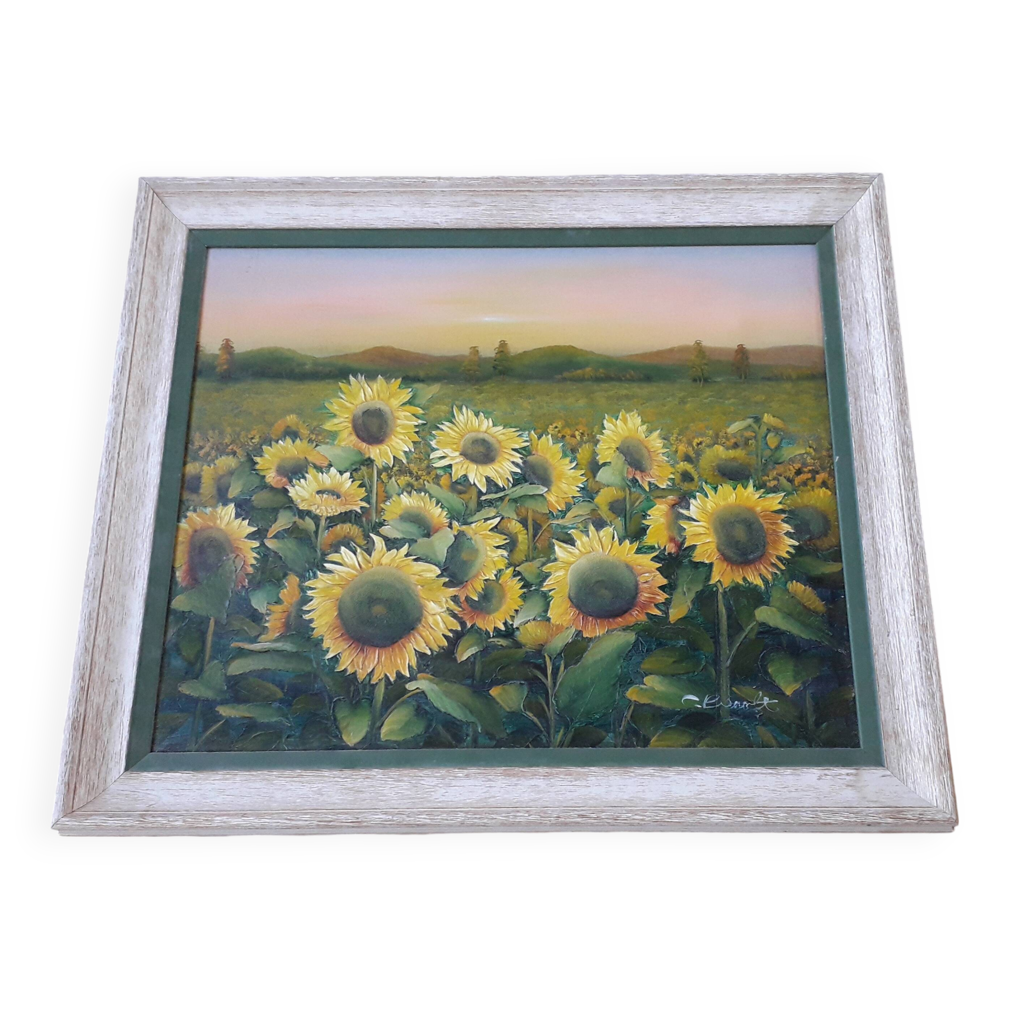 Old oil painting depicting a landscape of sunflowers
