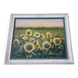 Tableau ancien à l'huile représentant un paysage de tournesols