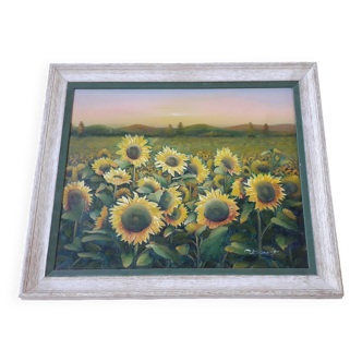 Old oil painting depicting a landscape of sunflowers