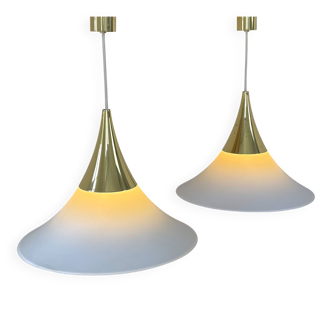 Vintage Limburg brass and opaline pendant lights, Germany, 1970.