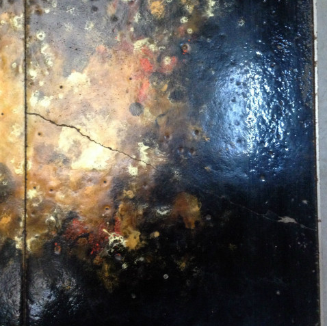 Wrought iron coffee table, bronze and marble